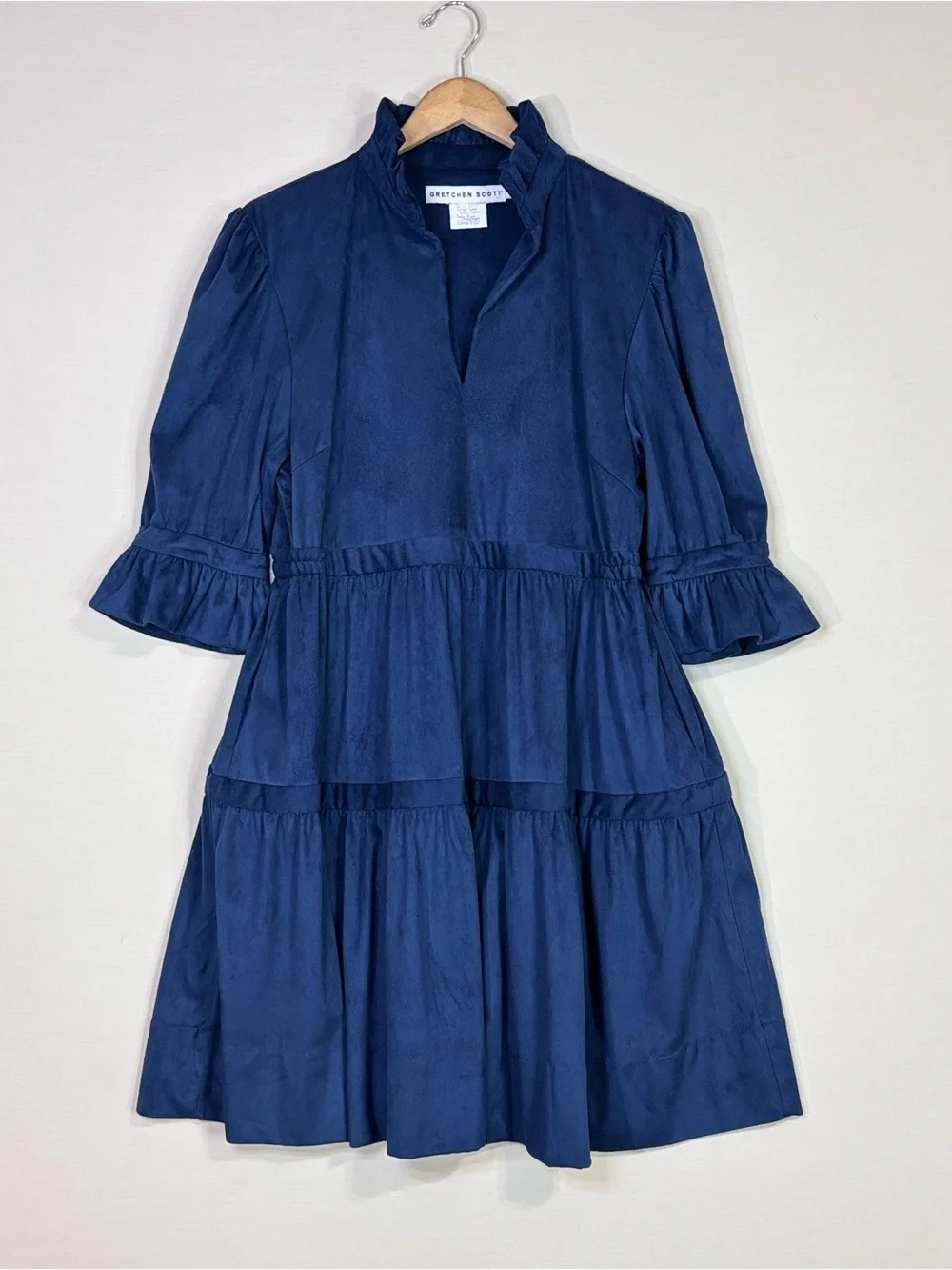 Gretchen Scott Navy Tiered Ruffle Sleeve Pocket Dress Women’s Large - Picture 3 of 7